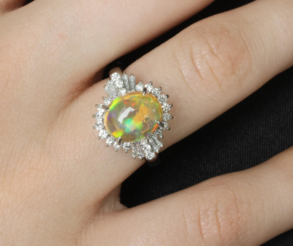Vintage 2.25ct Natural Mexican Fire Opal & 0.53ct Diamond Platinum Ring, Size 6