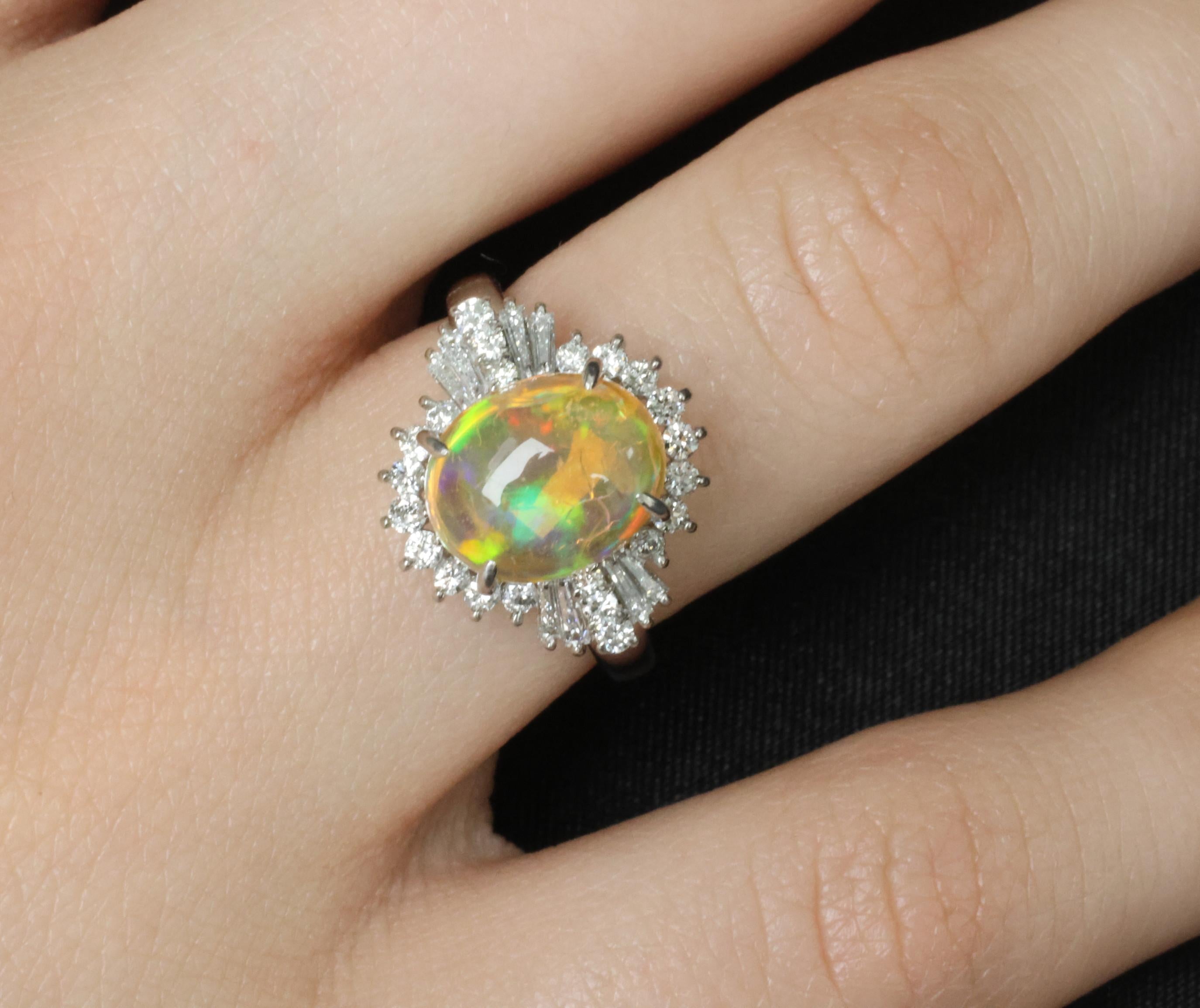 Vintage 2.25ct Natural Mexican Fire Opal & 0.53ct Diamond Platinum Ring, Size 6