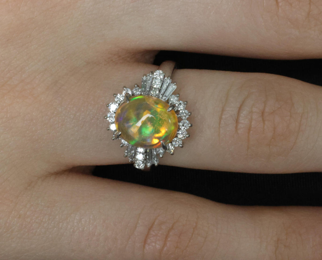 Vintage 2.25ct Natural Mexican Fire Opal & 0.53ct Diamond Platinum Ring, Size 6
