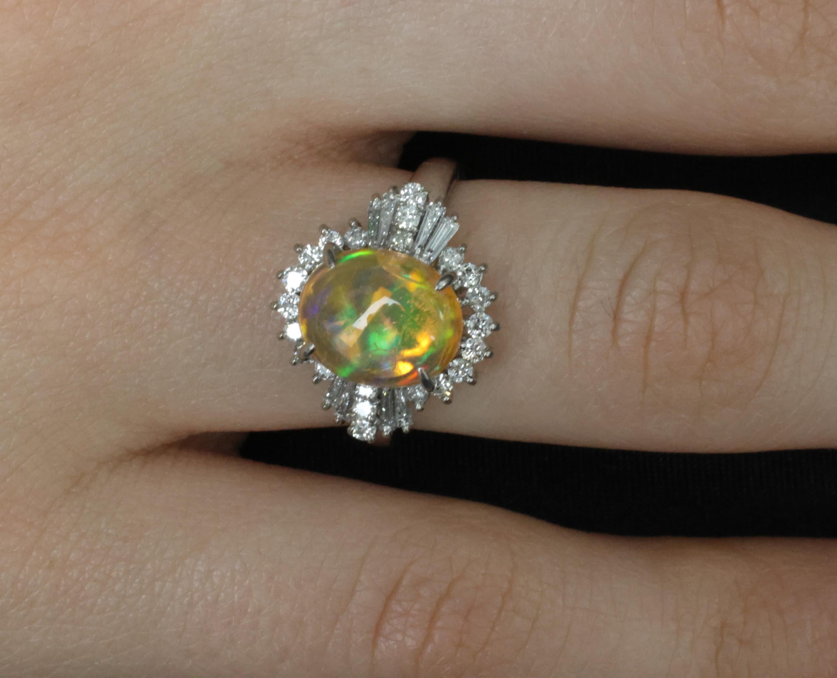Vintage 2.25ct Natural Mexican Fire Opal & 0.53ct Diamond Platinum Ring, Size 6