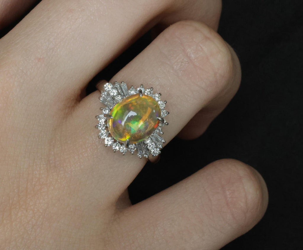 Vintage 2.25ct Natural Mexican Fire Opal & 0.53ct Diamond Platinum Ring, Size 6