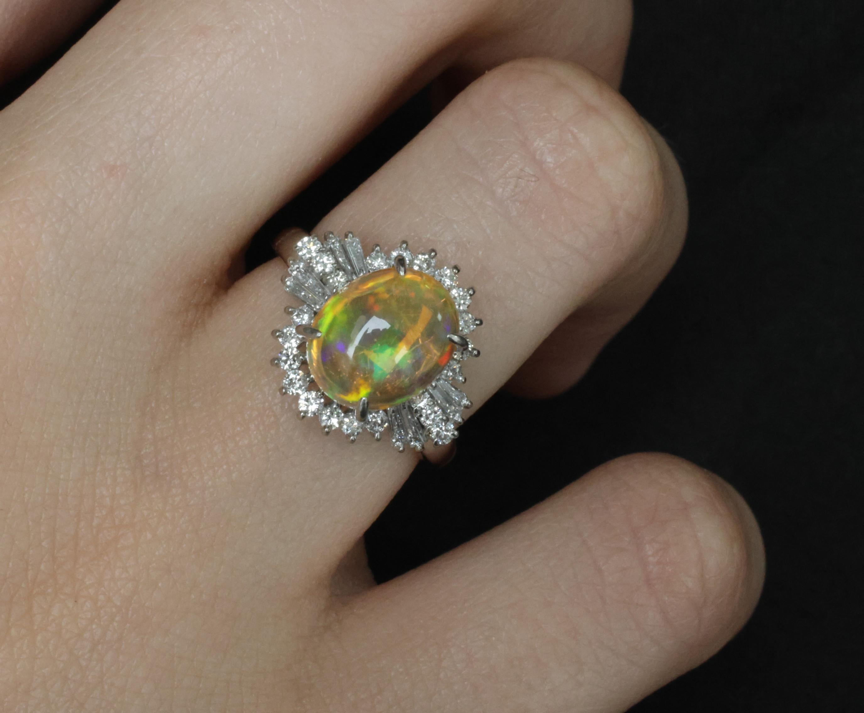 Vintage 2.25ct Natural Mexican Fire Opal & 0.53ct Diamond Platinum Ring, Size 6