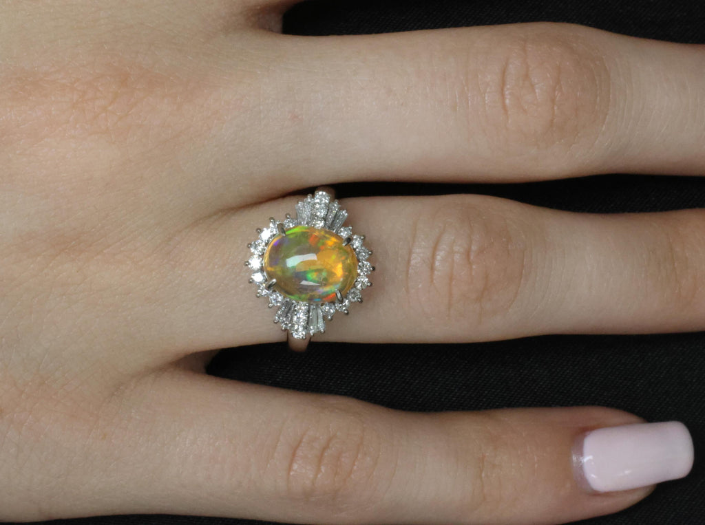 Vintage 2.25ct Natural Mexican Fire Opal & 0.53ct Diamond Platinum Ring, Size 6