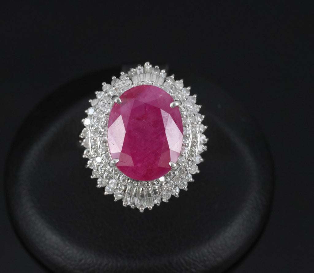 Vintage 6.31ct Natural Ruby & 1.0ct Diamond Platinum Halo Ring, Size 7.25