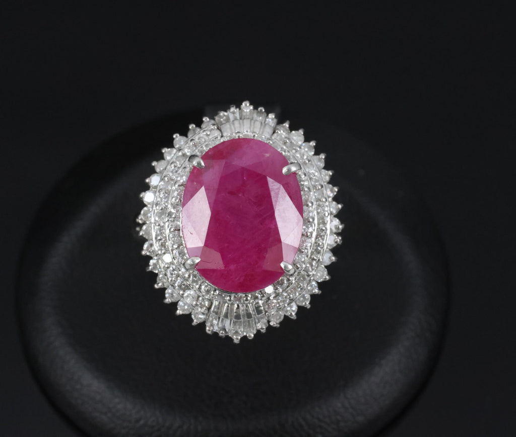 Vintage 6.31ct Natural Ruby & 1.0ct Diamond Platinum Halo Ring, Size 7.25