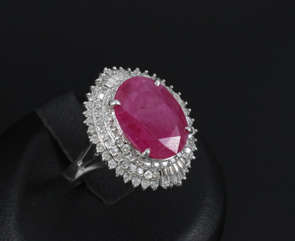 Vintage 6.31ct Natural Ruby & 1.0ct Diamond Platinum Halo Ring, Size 7.25