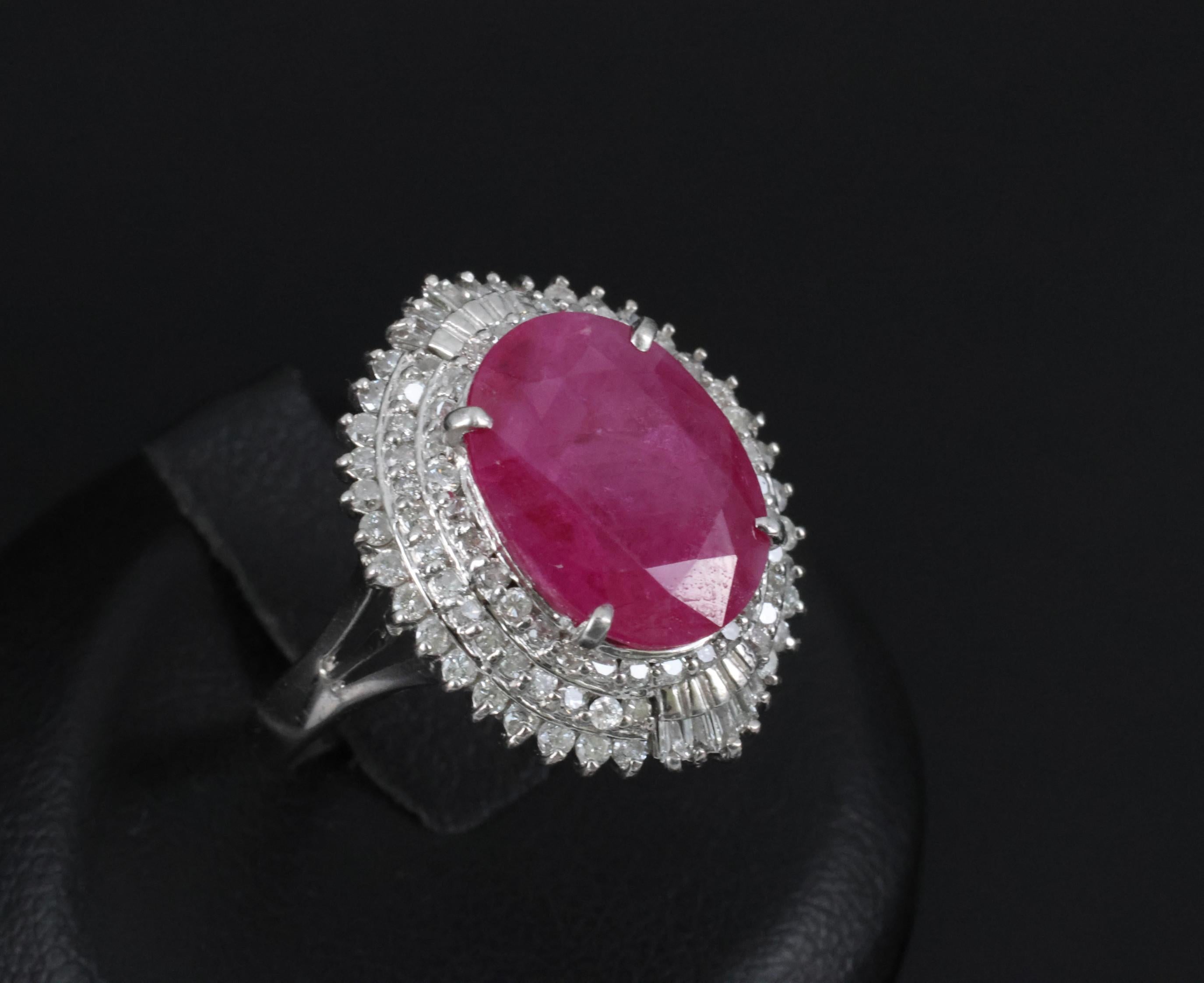 Vintage 6.31ct Natural Ruby & 1.0ct Diamond Platinum Halo Ring, Size 7.25