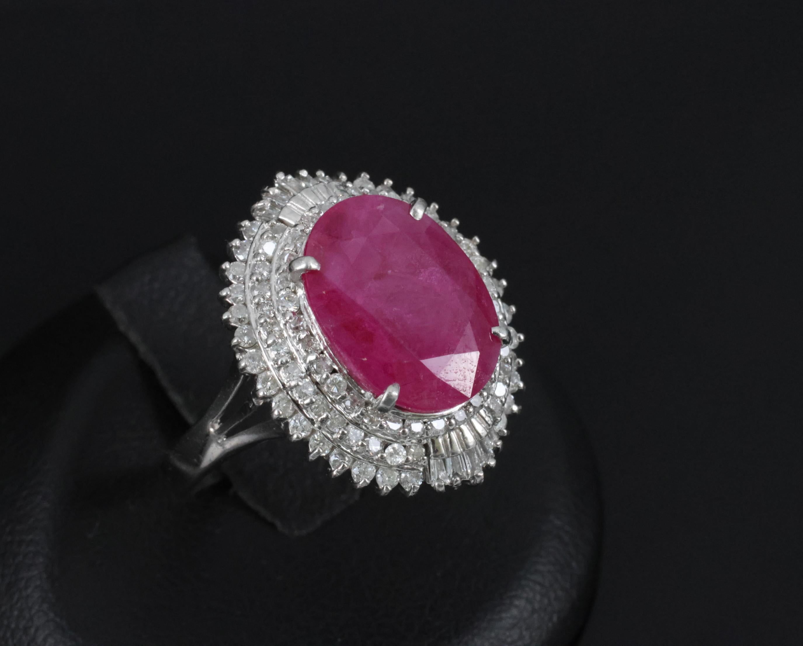 Vintage 6.31ct Natural Ruby & 1.0ct Diamond Platinum Halo Ring, Size 7.25