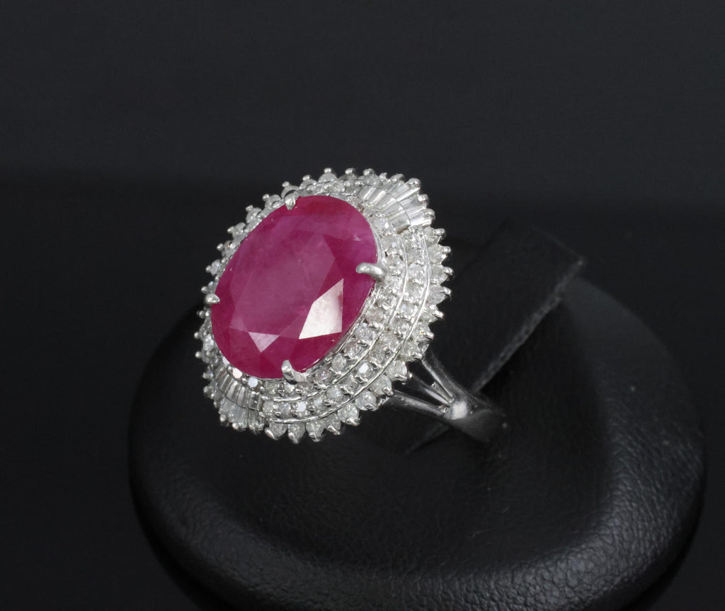 Vintage 6.31ct Natural Ruby & 1.0ct Diamond Platinum Halo Ring, Size 7.25
