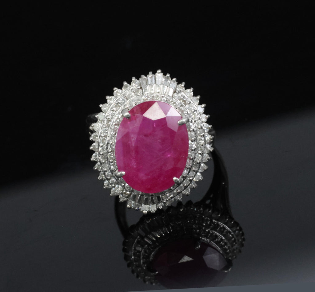 Vintage 6.31ct Natural Ruby & 1.0ct Diamond Platinum Halo Ring, Size 7.25