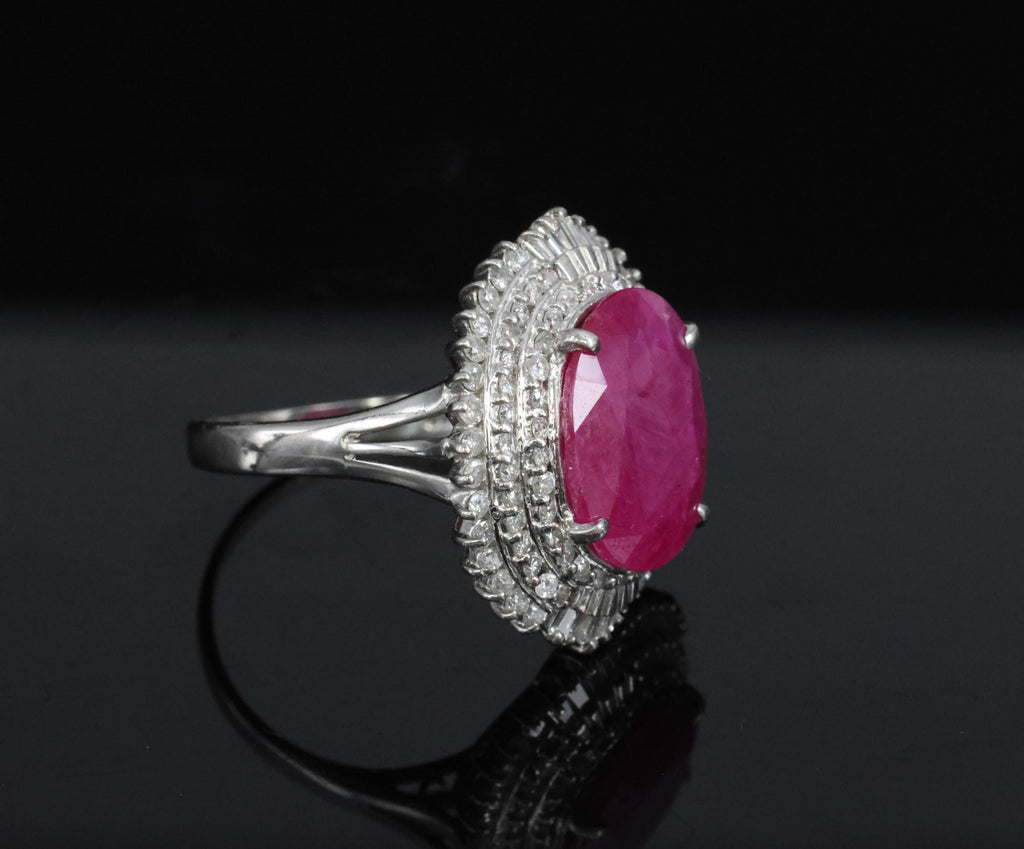 Vintage 6.31ct Natural Ruby & 1.0ct Diamond Platinum Halo Ring, Size 7.25