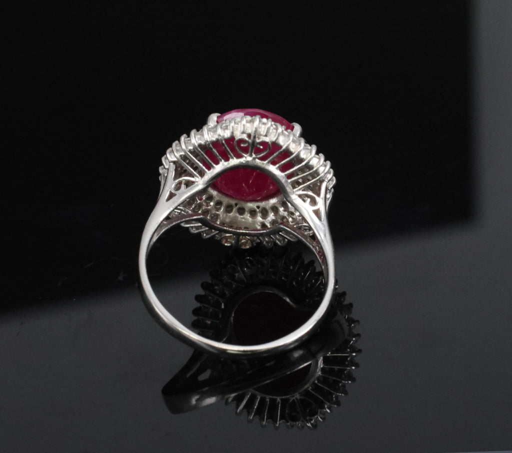 Vintage 6.31ct Natural Ruby & 1.0ct Diamond Platinum Halo Ring, Size 7.25