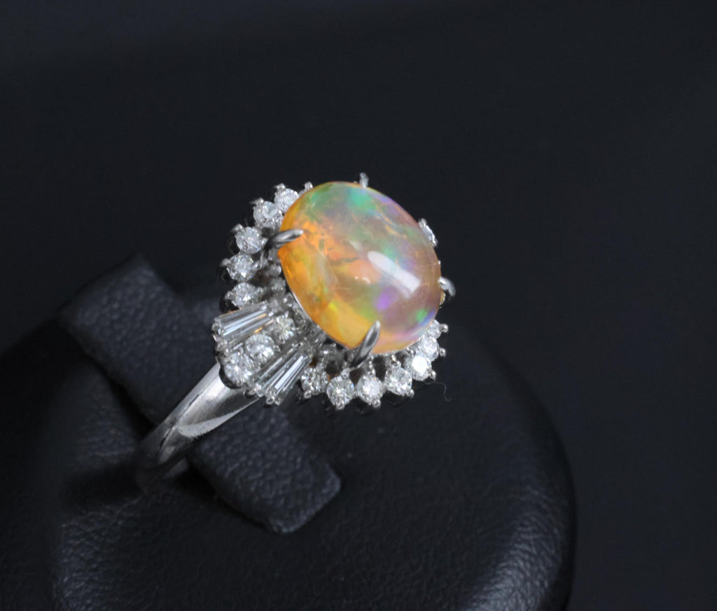 Vintage 2.25ct Natural Mexican Fire Opal & 0.53ct Diamond Platinum Ring, Size 6