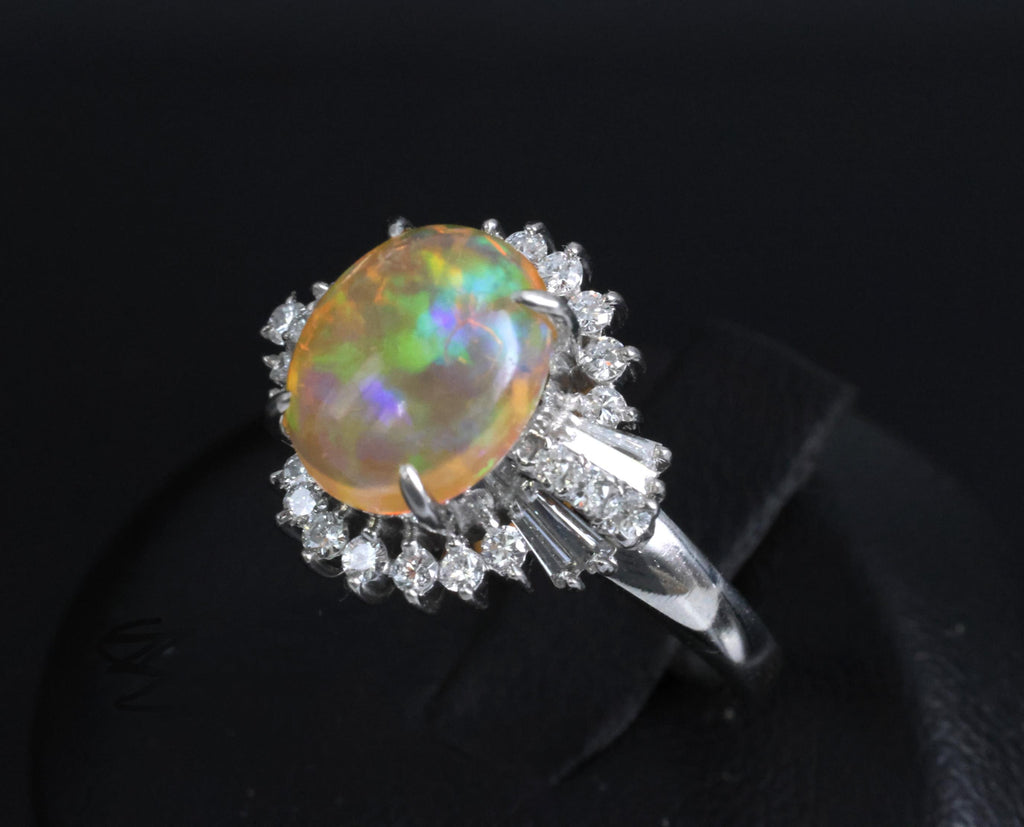 Vintage 2.25ct Natural Mexican Fire Opal & 0.53ct Diamond Platinum Ring, Size 6