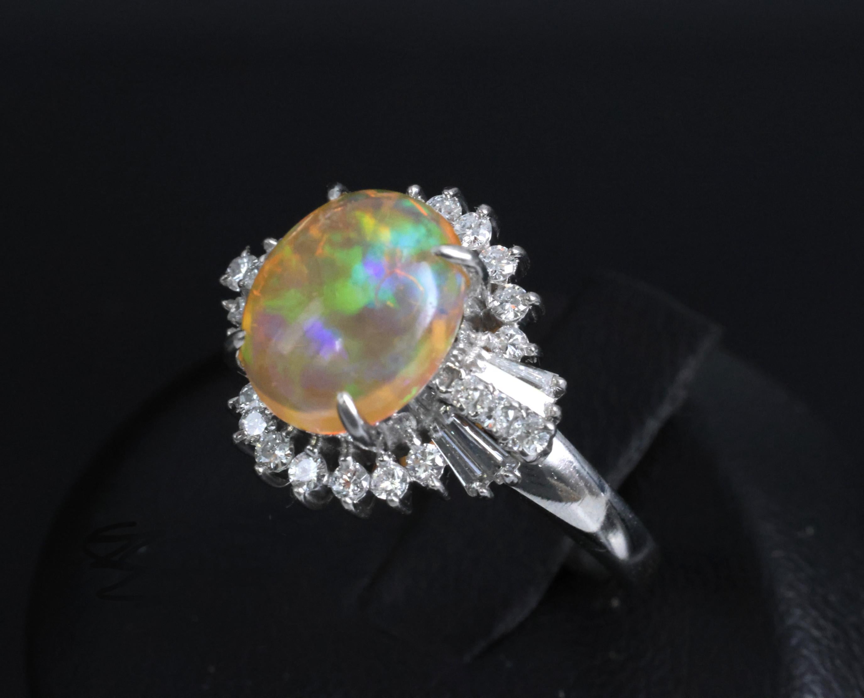 Vintage 2.25ct Natural Mexican Fire Opal & 0.53ct Diamond Platinum Ring, Size 6