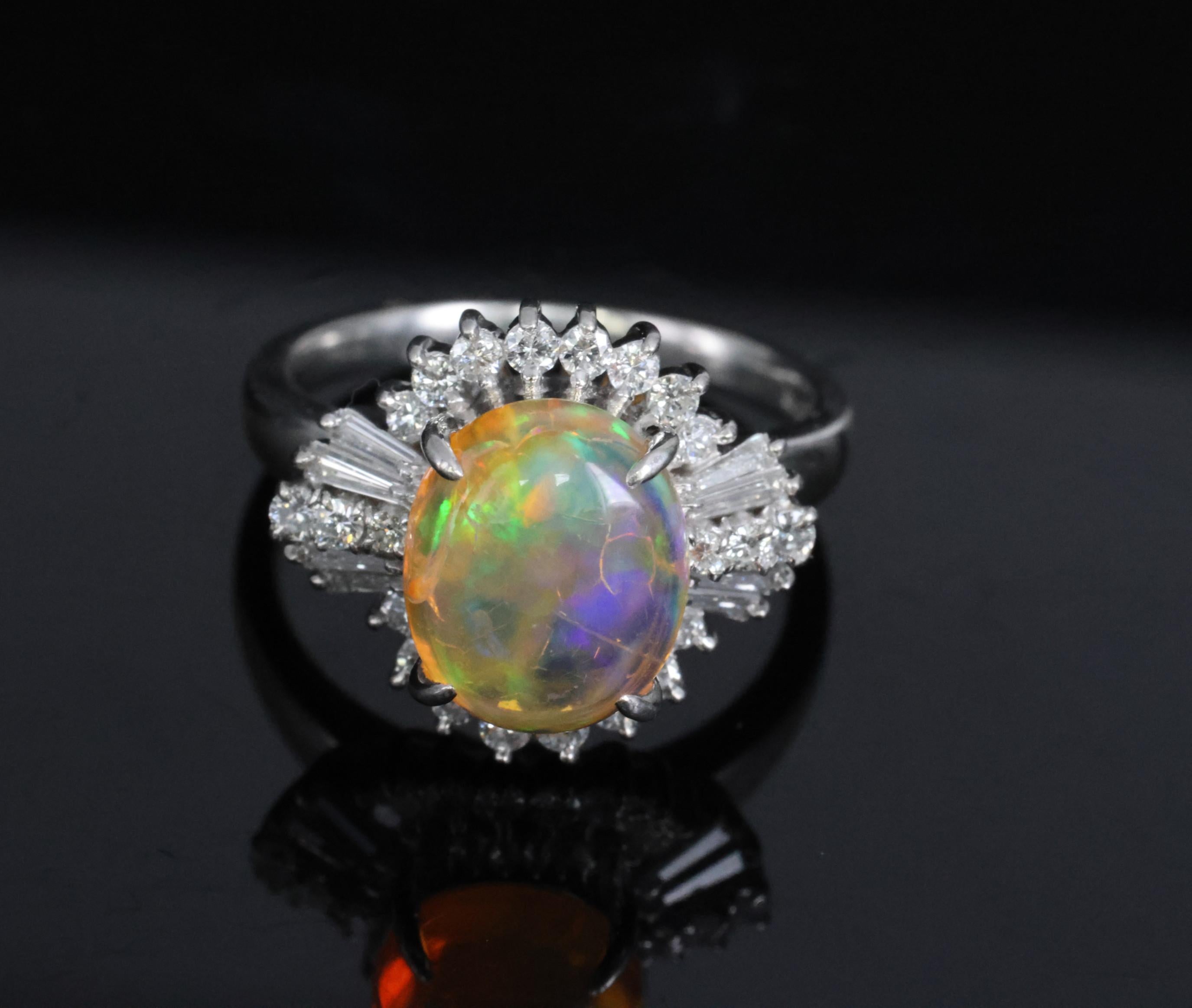Vintage 2.25ct Natural Mexican Fire Opal & 0.53ct Diamond Platinum Ring, Size 6
