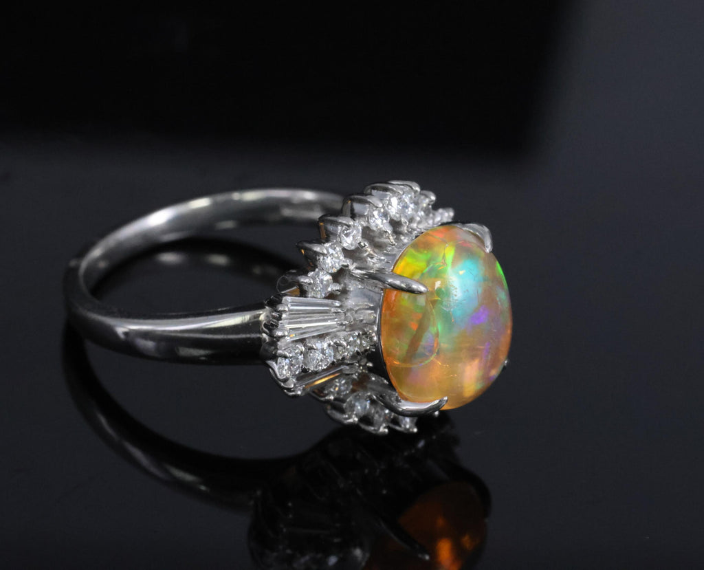 Vintage 2.25ct Natural Mexican Fire Opal & 0.53ct Diamond Platinum Ring, Size 6