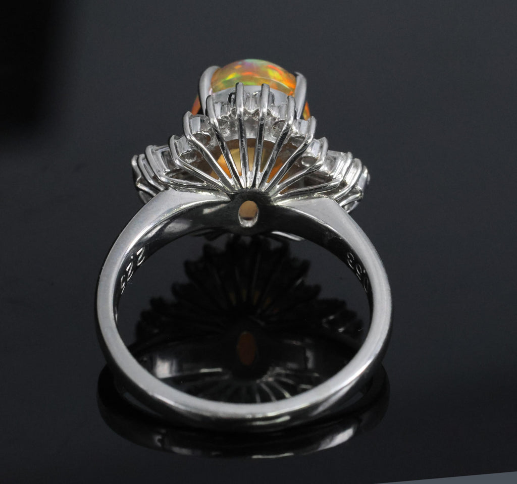 Vintage 2.25ct Natural Mexican Fire Opal & 0.53ct Diamond Platinum Ring, Size 6