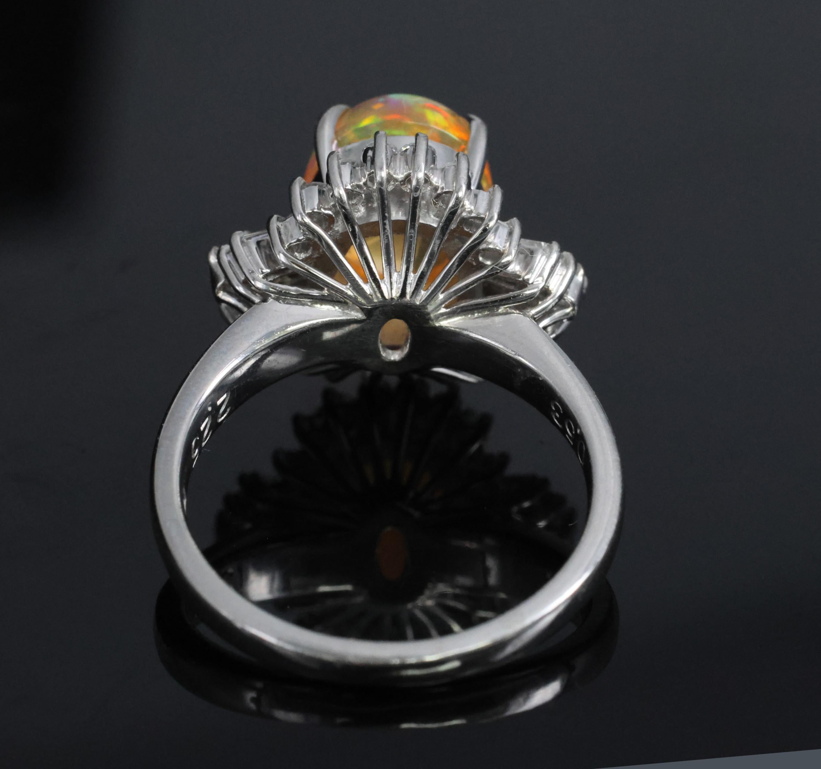 Vintage 2.25ct Natural Mexican Fire Opal & 0.53ct Diamond Platinum Ring, Size 6
