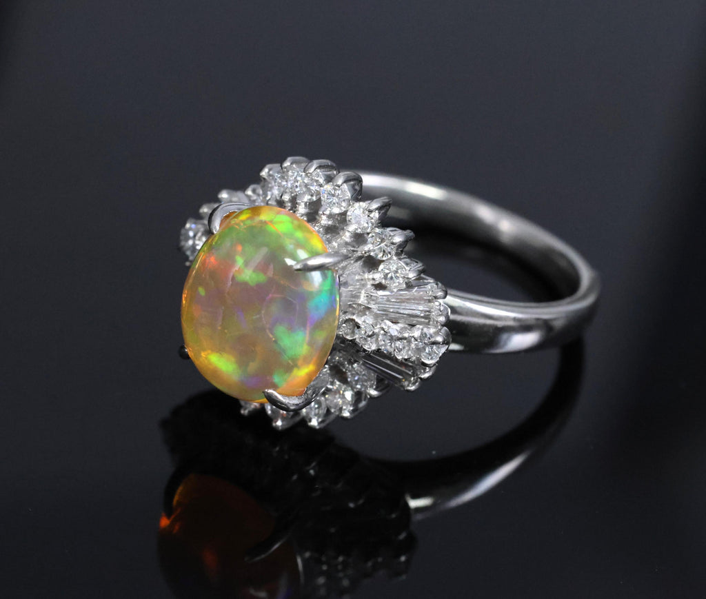 Vintage 2.25ct Natural Mexican Fire Opal & 0.53ct Diamond Platinum Ring, Size 6