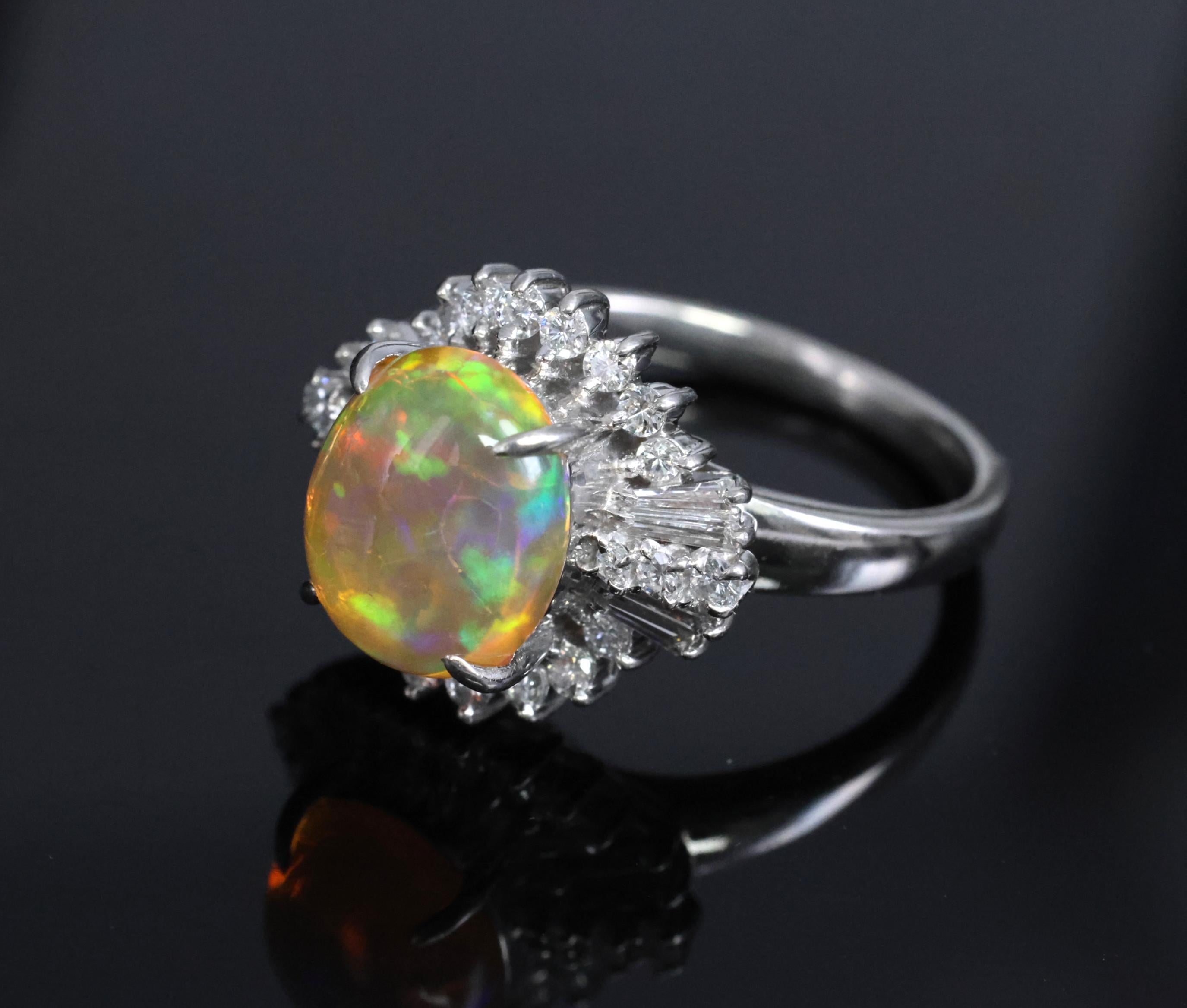 Vintage 2.25ct Natural Mexican Fire Opal & 0.53ct Diamond Platinum Ring, Size 6
