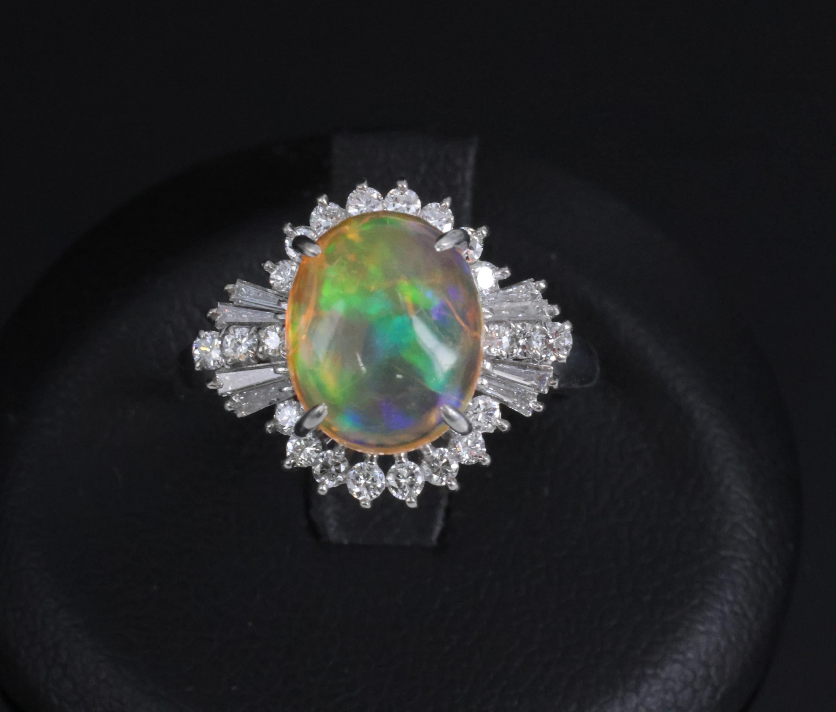 Vintage 2.25ct Natural Mexican Fire Opal & 0.53ct Diamond Platinum Ring, Size 6