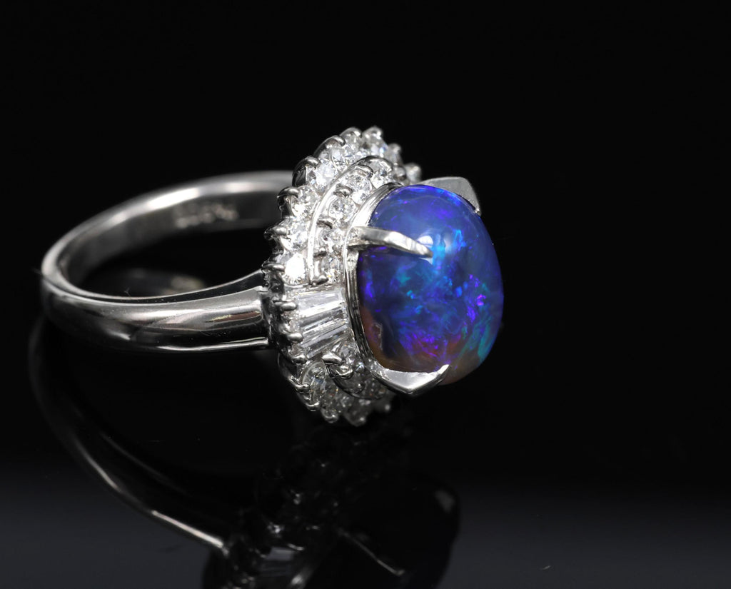 Vintage 3.60ct Natural Black Opal 0.81ct Diamond Platinum Ring Size 4