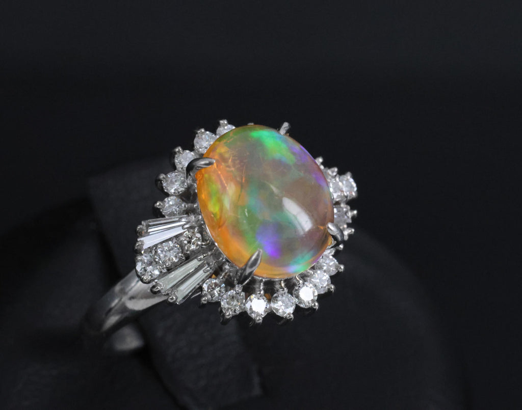 Vintage 2.25ct Natural Mexican Fire Opal & 0.53ct Diamond Platinum Ring, Size 6