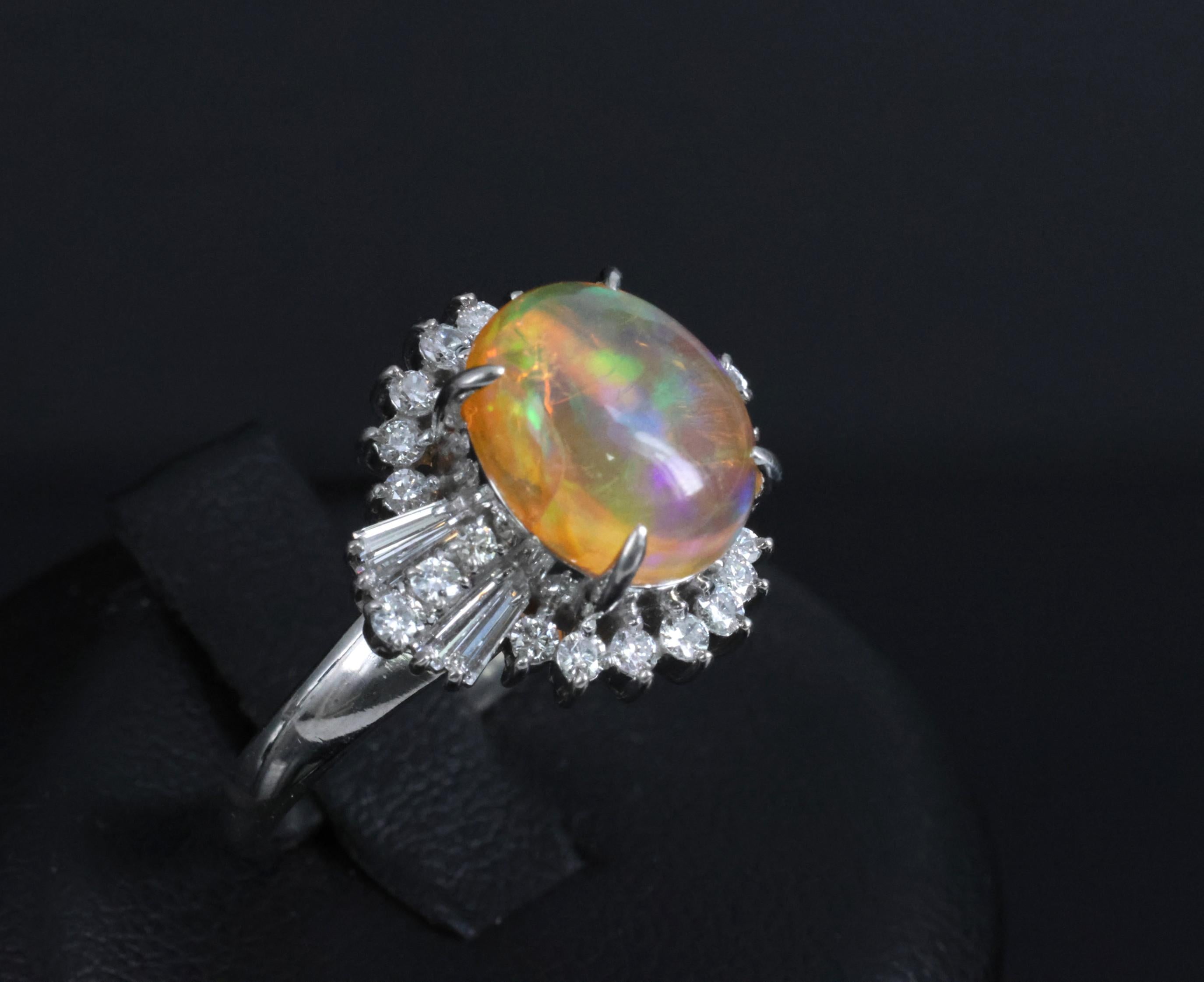 Vintage 2.25ct Natural Mexican Fire Opal & 0.53ct Diamond Platinum Ring, Size 6