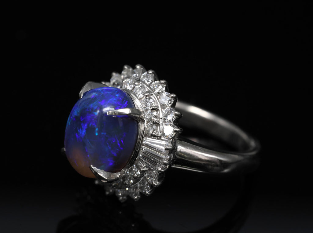 Vintage 3.60ct Natural Black Opal 0.81ct Diamond Platinum Ring Size 4