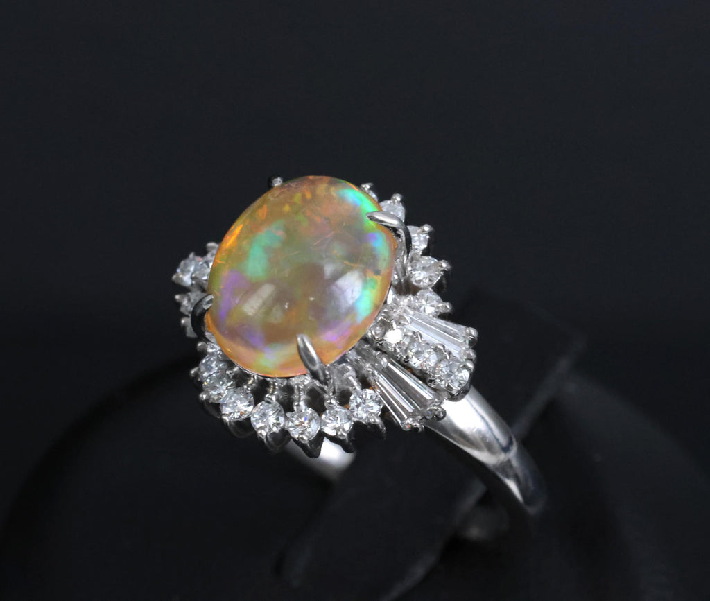 Vintage 2.25ct Natural Mexican Fire Opal & 0.53ct Diamond Platinum Ring, Size 6