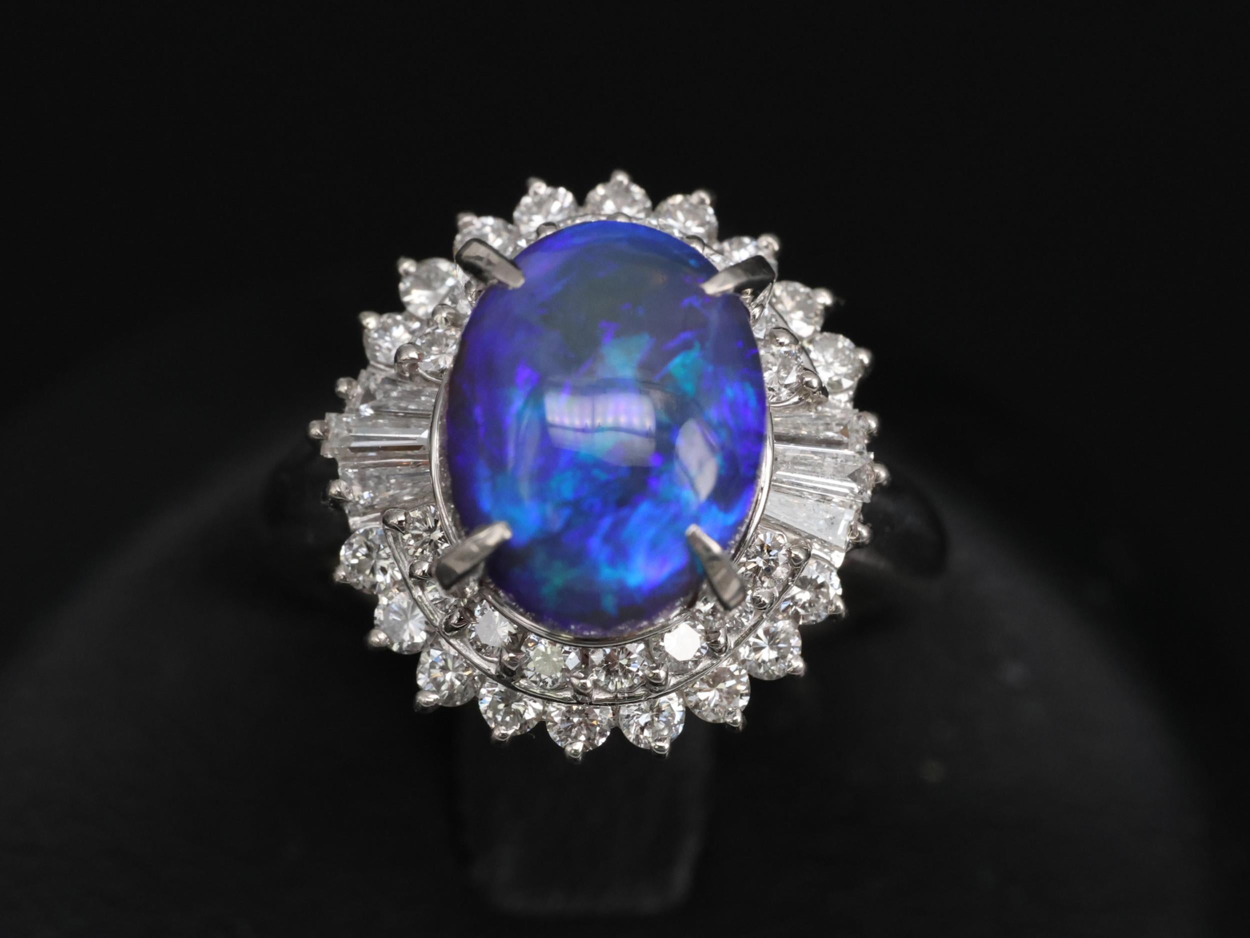 Vintage 3.60ct Natural Black Opal 0.81ct Diamond Platinum Ring Size 4