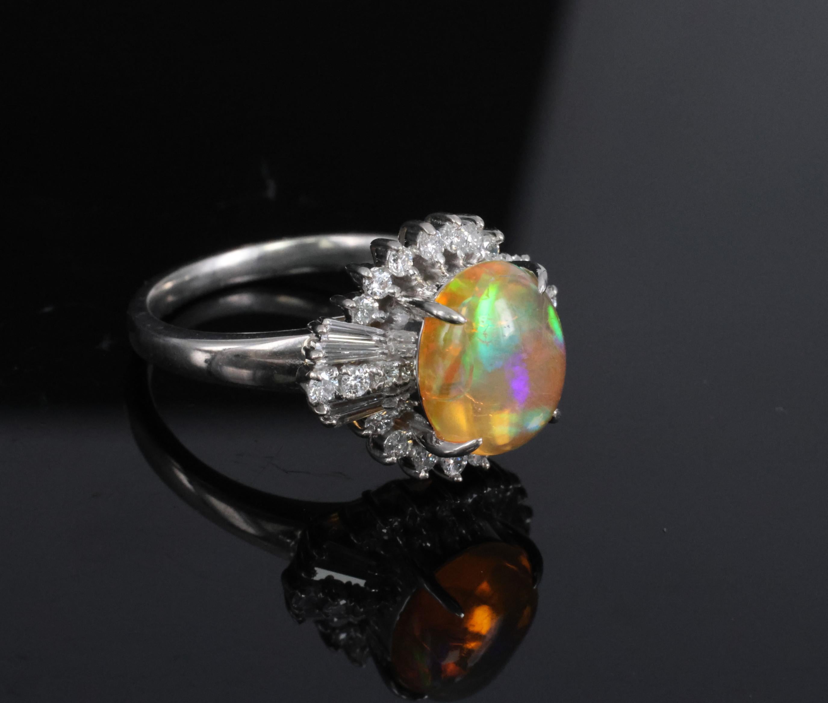 Vintage 2.25ct Natural Mexican Fire Opal & 0.53ct Diamond Platinum Ring, Size 6