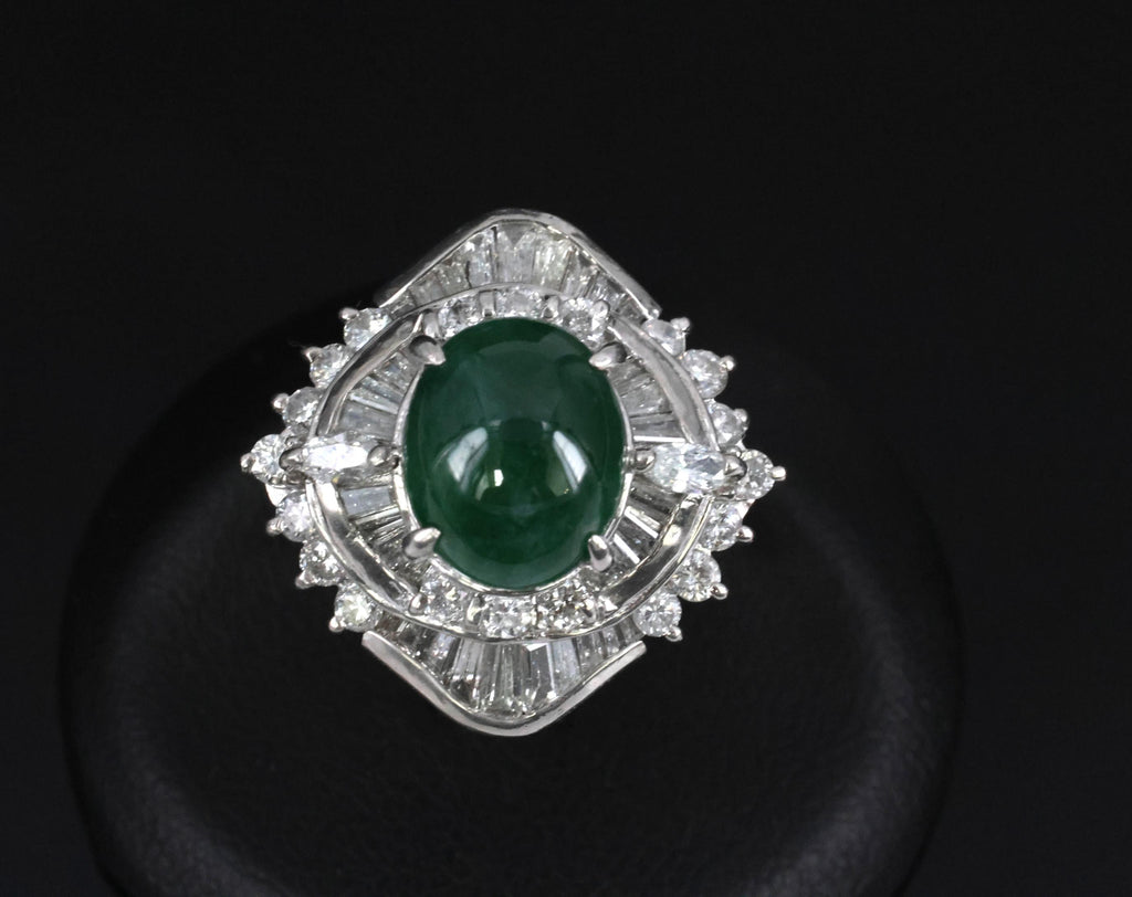 Vintage 4.50ct Natural Jadeite Jade & 1.81ct Diamond Platinum Ring, Size 5.75