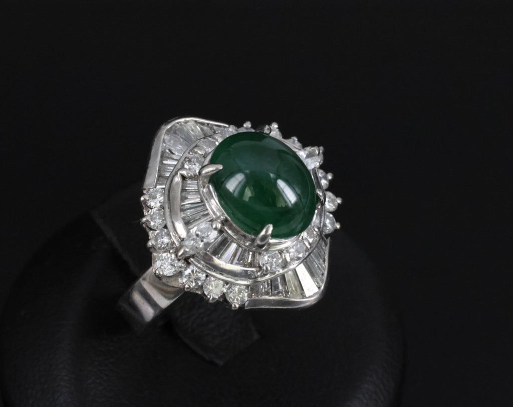 Vintage 4.50ct Natural Jadeite Jade & 1.81ct Diamond Platinum Ring, Size 5.75