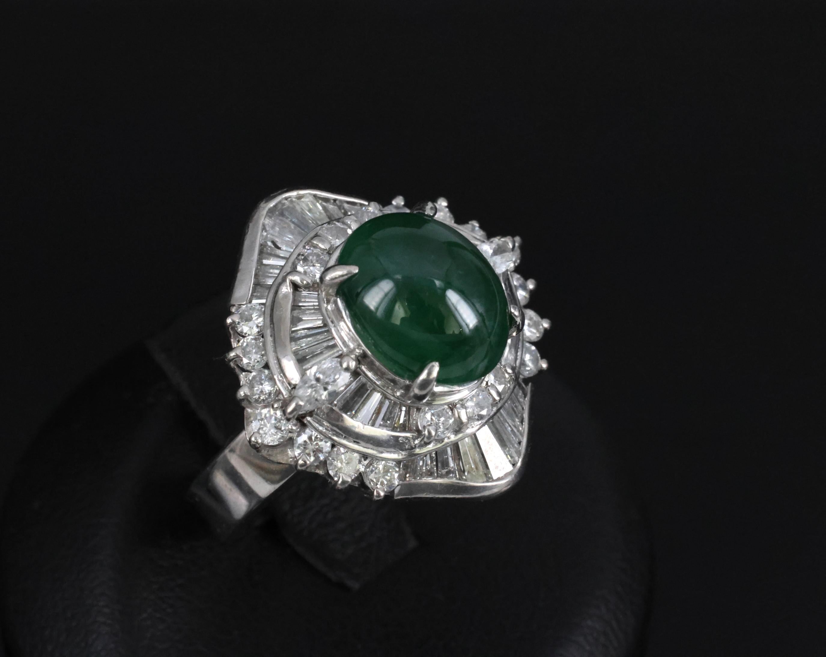 Vintage 4.50ct Natural Jadeite Jade & 1.81ct Diamond Platinum Ring, Size 5.75