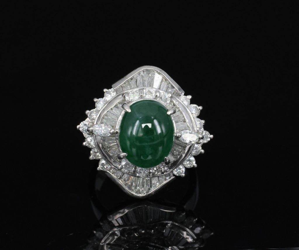 Vintage 4.50ct Natural Jadeite Jade & 1.81ct Diamond Platinum Ring, Size 5.75