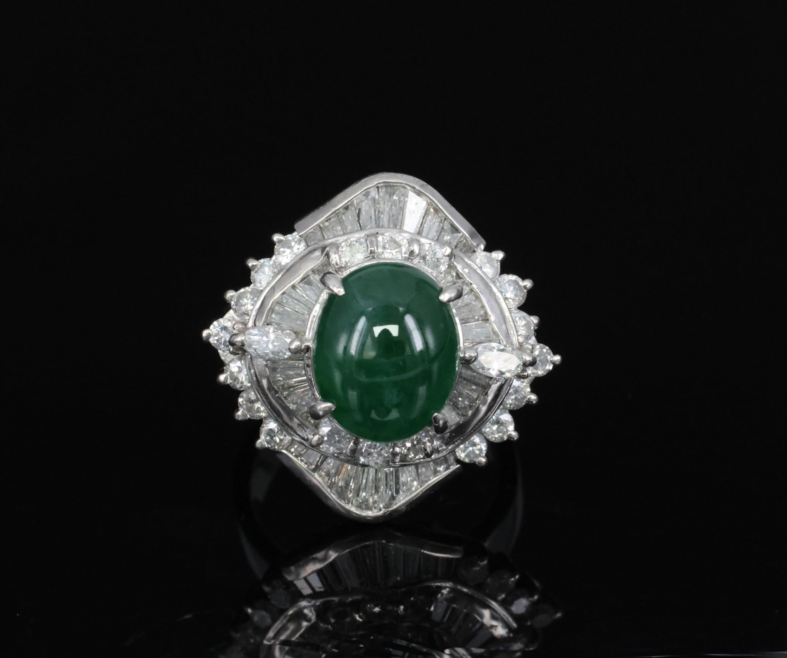 Vintage 4.50ct Natural Jadeite Jade & 1.81ct Diamond Platinum Ring, Size 5.75