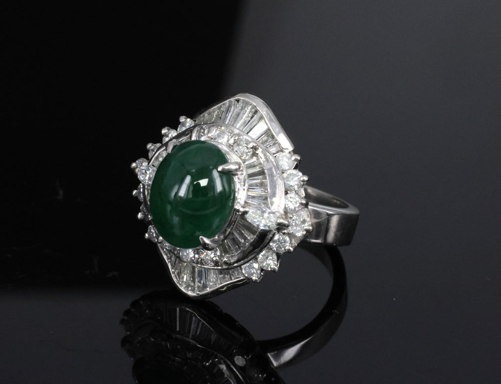 Vintage 4.50ct Natural Jadeite Jade & 1.81ct Diamond Platinum Ring, Size 5.75