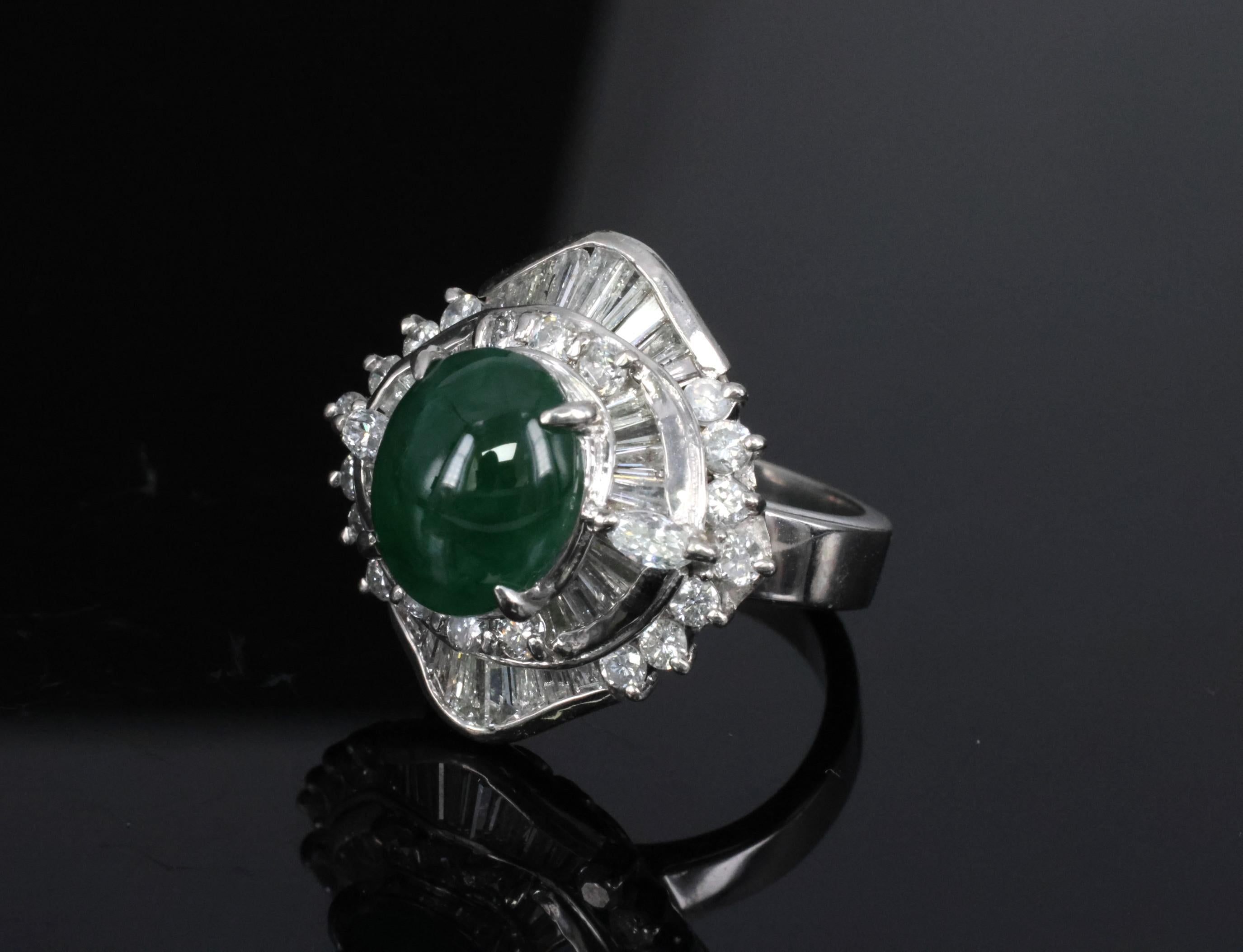 Vintage 4.50ct Natural Jadeite Jade & 1.81ct Diamond Platinum Ring, Size 5.75