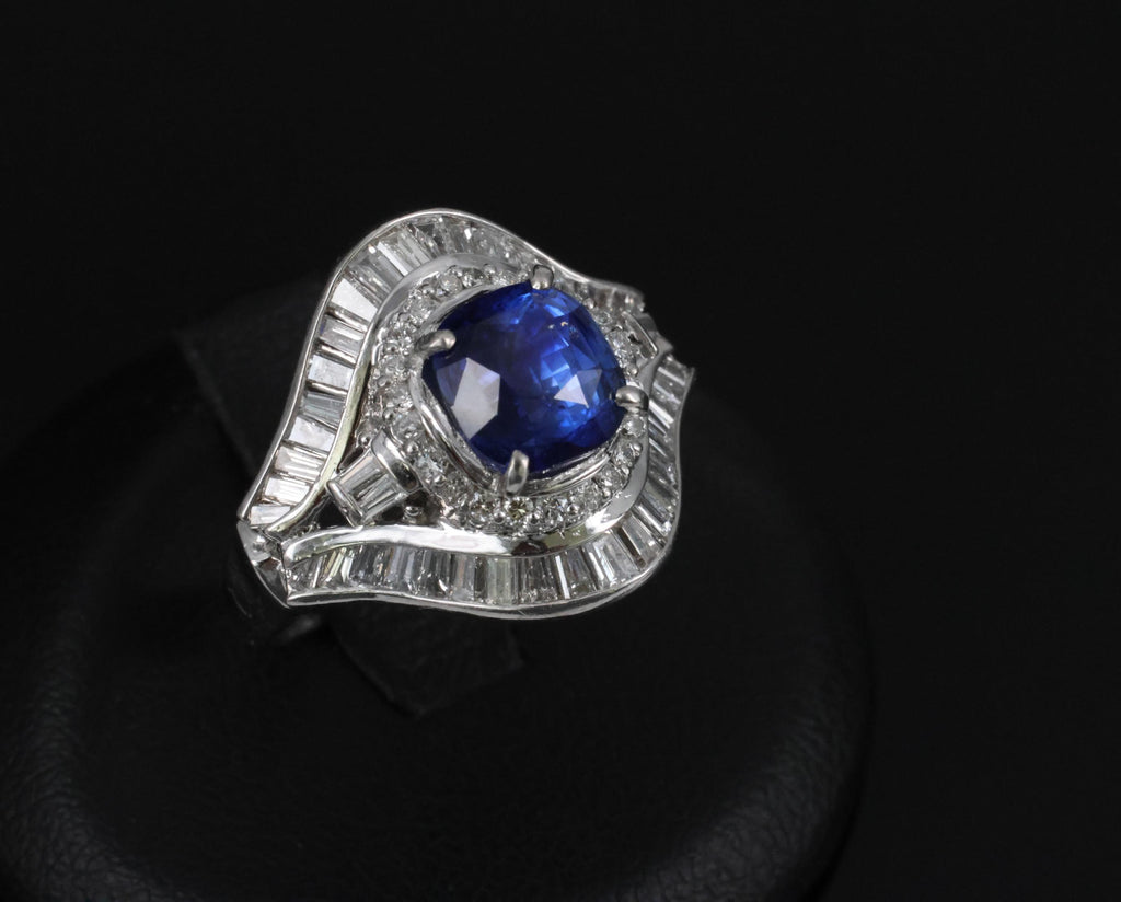 Vintage 3.0ct GIA Ceylon Blue Sapphire & 1.10ct Diamond Platinum Ring, Size 6