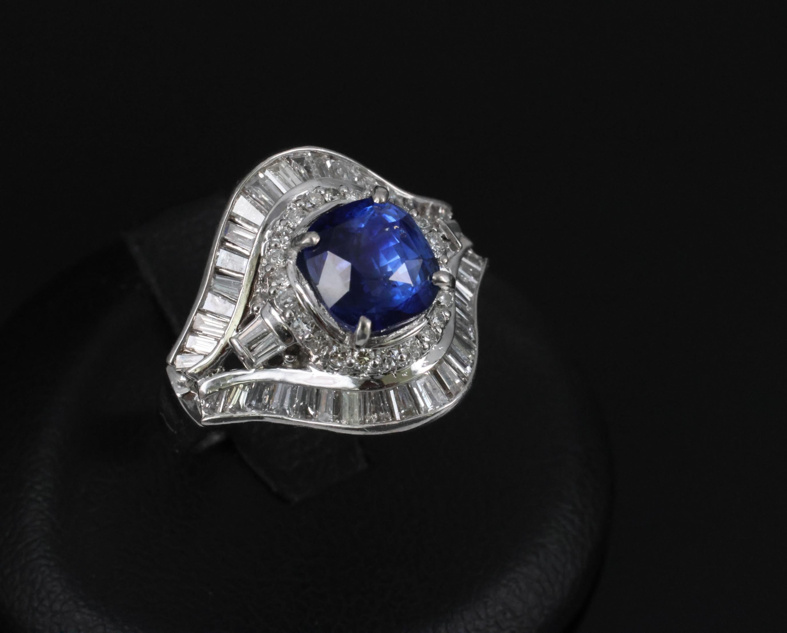 Vintage 3.0ct GIA Ceylon Blue Sapphire & 1.10ct Diamond Platinum Ring, Size 6