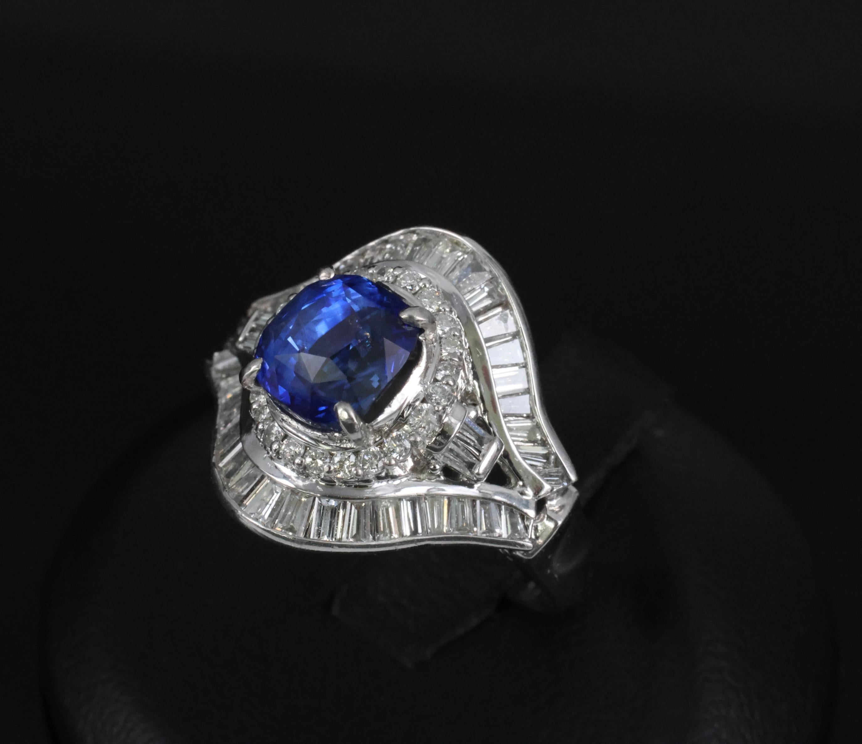 Vintage 3.0ct GIA Ceylon Blue Sapphire & 1.10ct Diamond Platinum Ring, Size 6