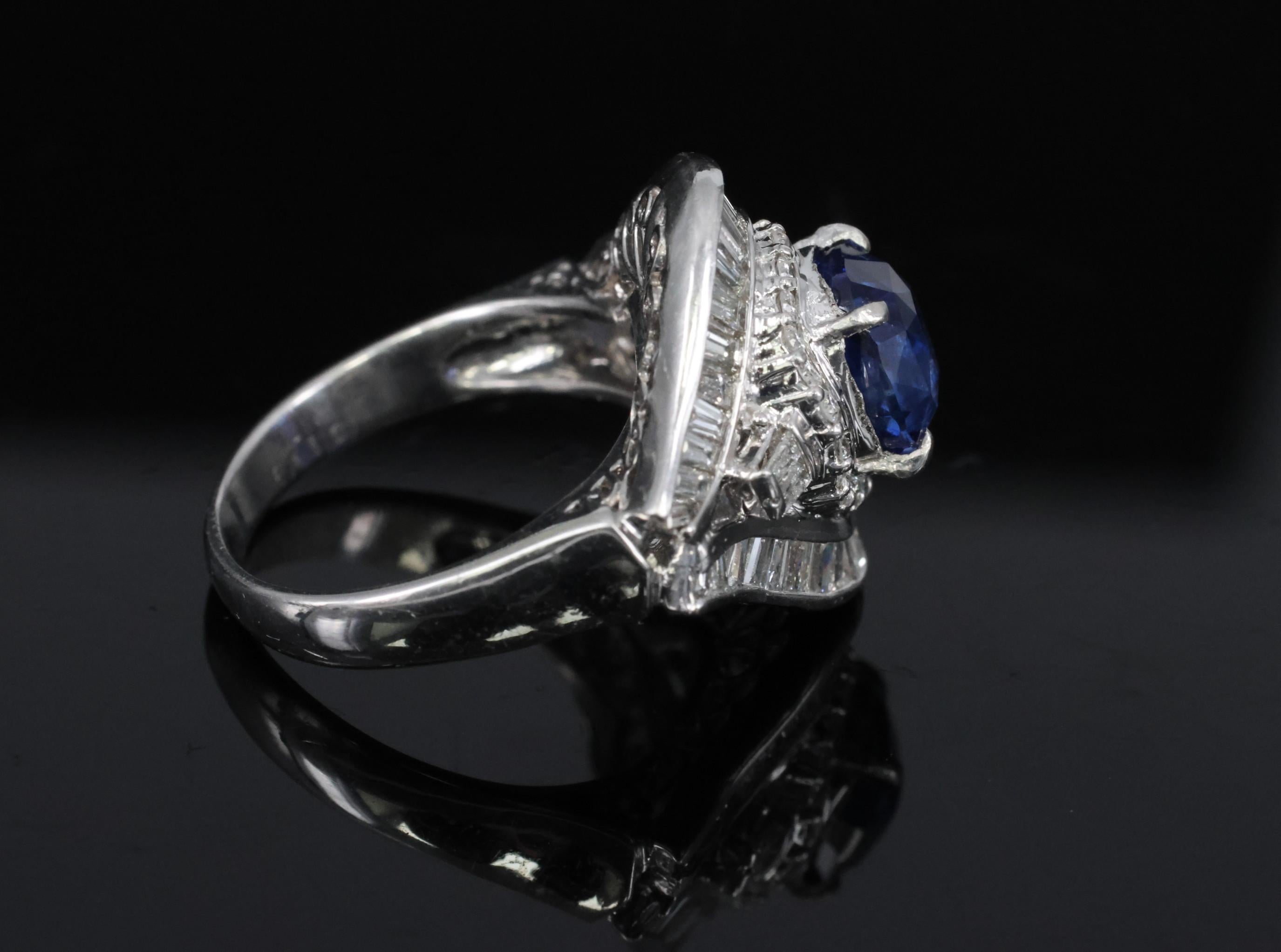 Vintage 3.0ct GIA Ceylon Blue Sapphire & 1.10ct Diamond Platinum Ring, Size 6