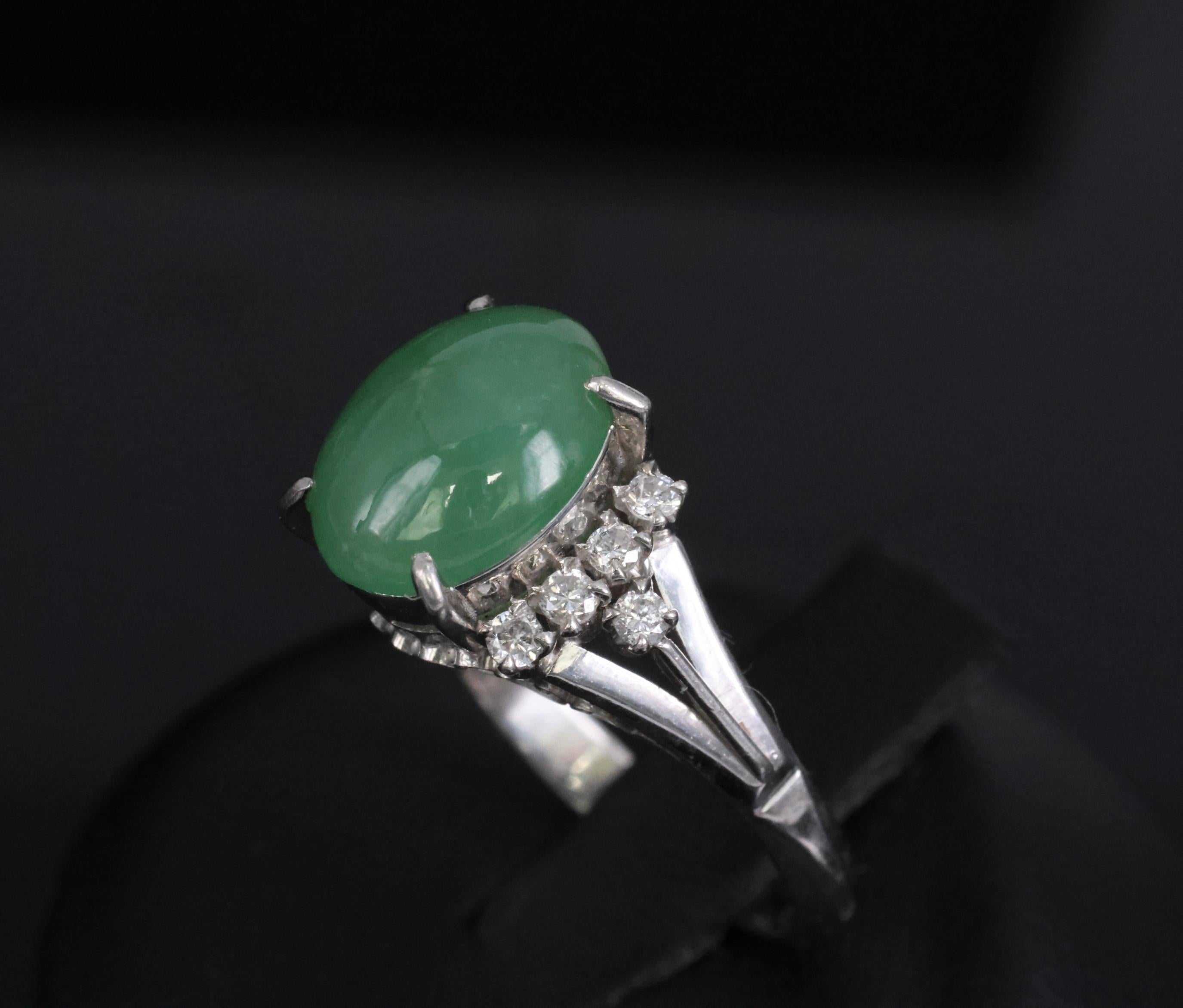 Fine 2.45ct Natural Jadeite Jade & 0.24ct Diamond Platinum Ring, Size 6