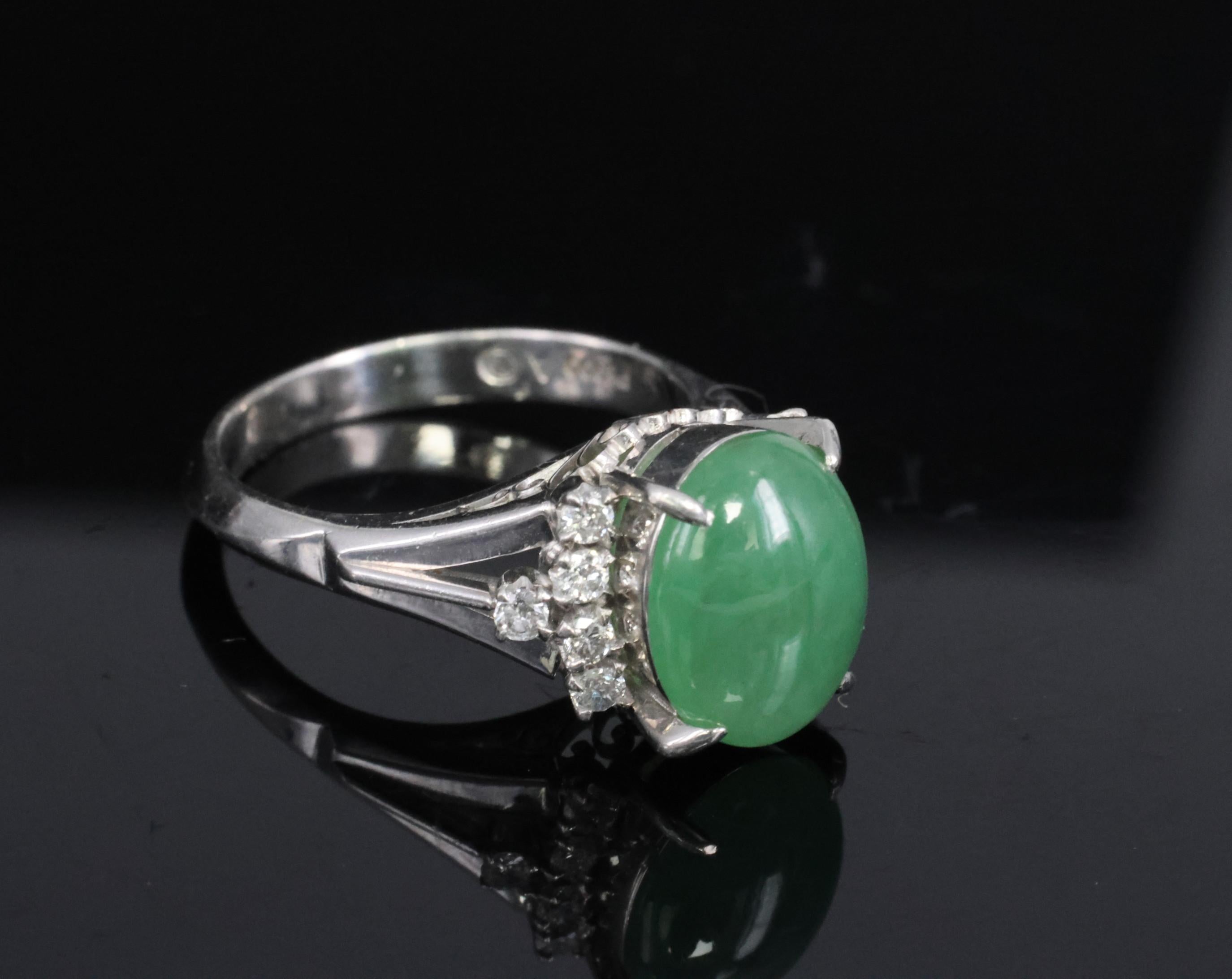 Fine 2.45ct Natural Jadeite Jade & 0.24ct Diamond Platinum Ring, Size 6
