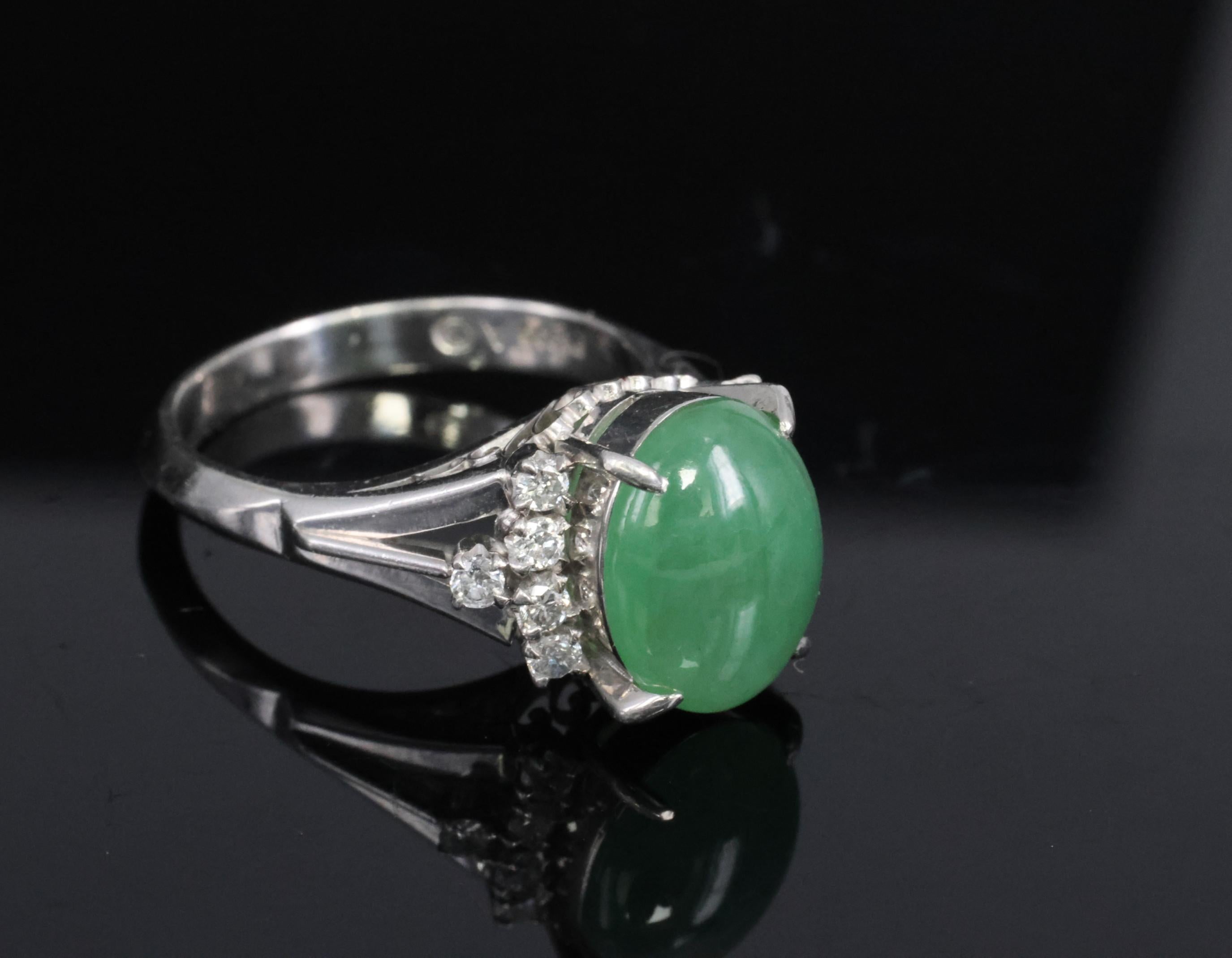 Fine 2.45ct Natural Jadeite Jade & 0.24ct Diamond Platinum Ring, Size 6