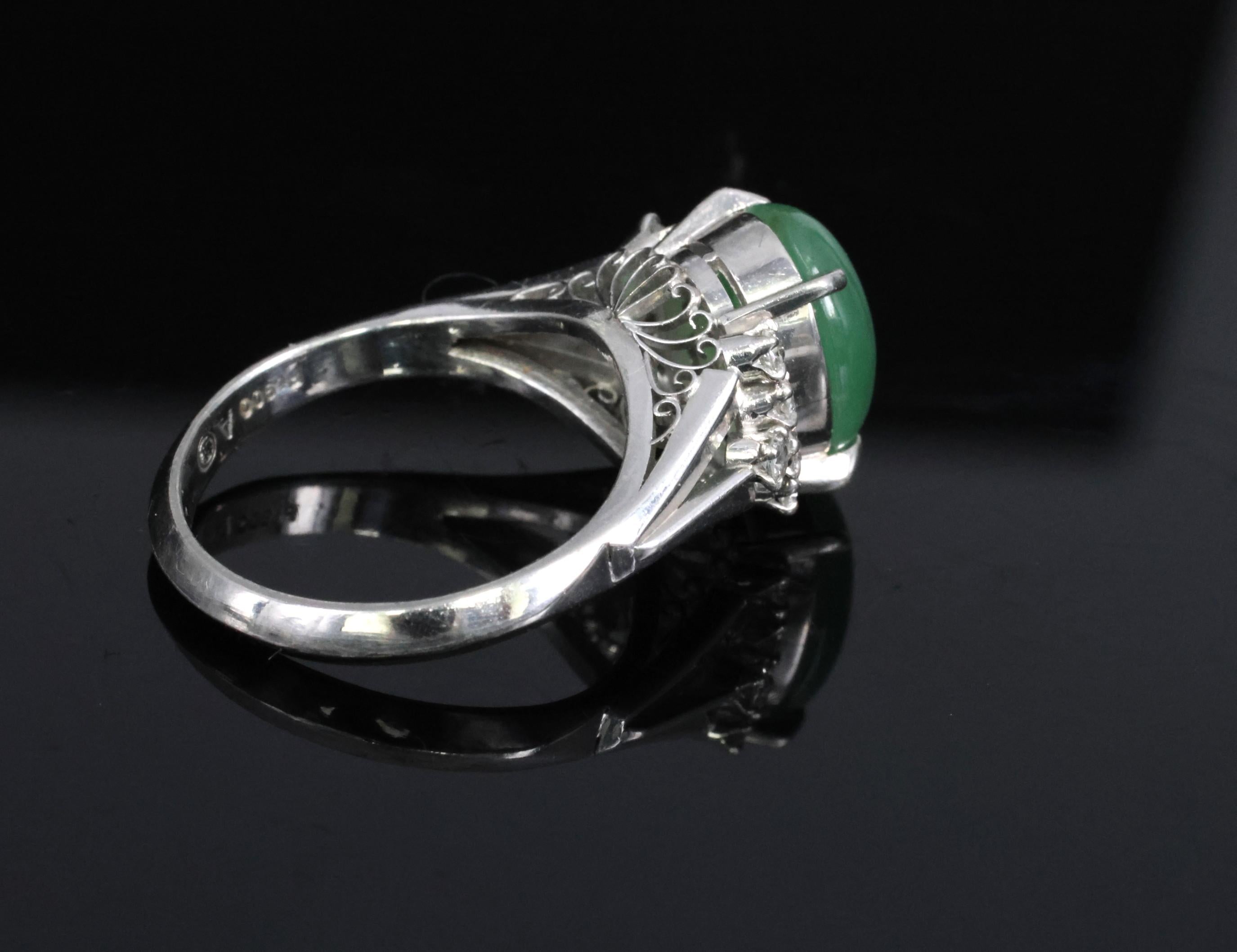 Fine 2.45ct Natural Jadeite Jade & 0.24ct Diamond Platinum Ring, Size 6