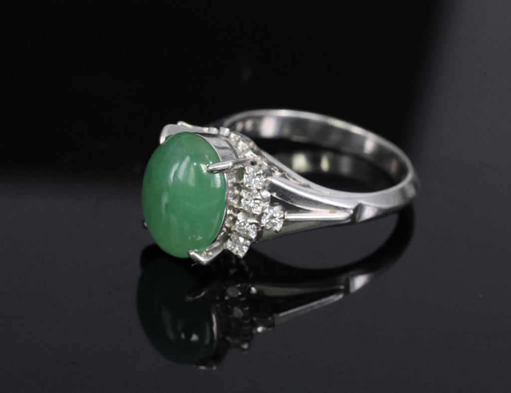 Fine 2.45ct Natural Jadeite Jade & 0.24ct Diamond Platinum Ring, Size 6