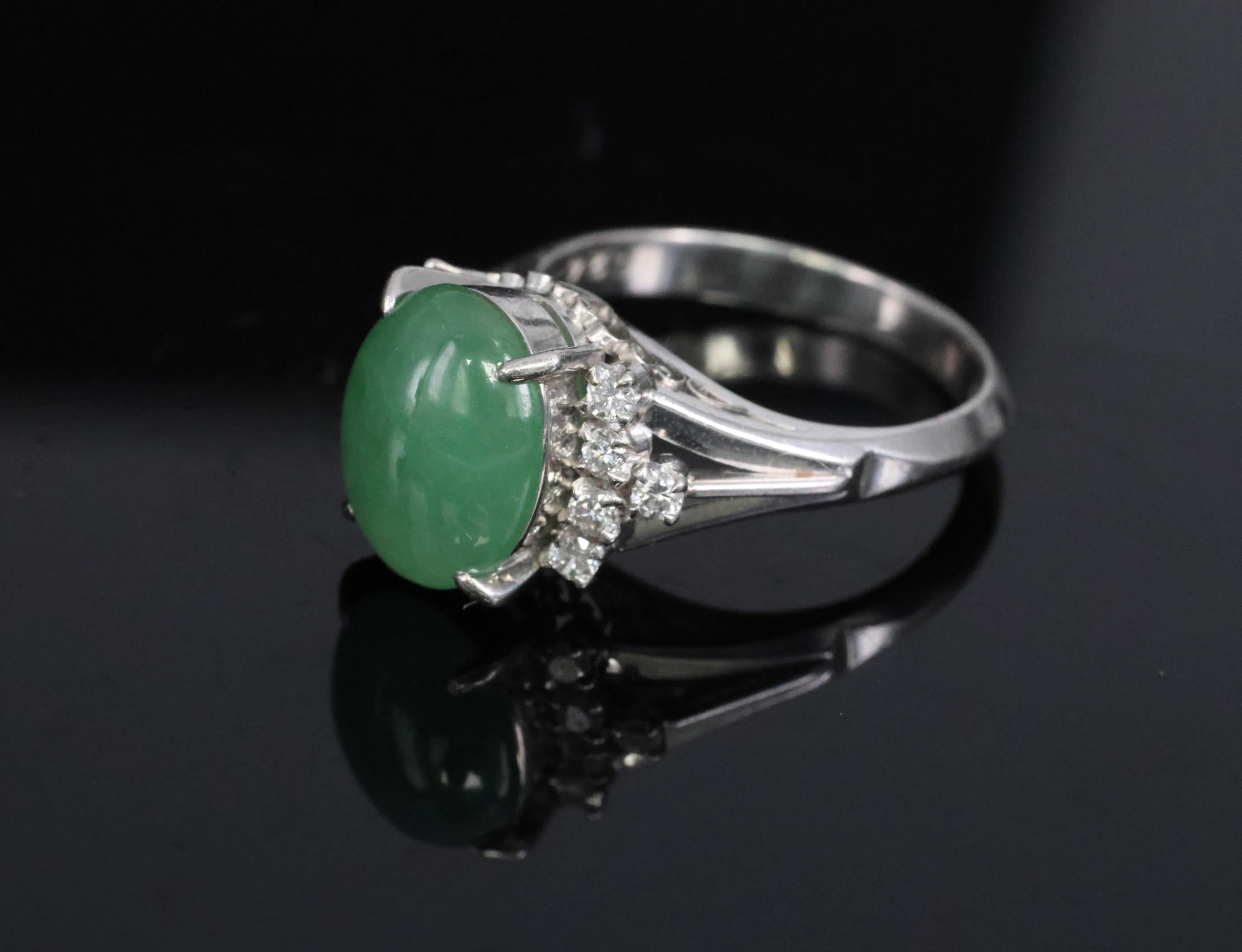 Fine 2.45ct Natural Jadeite Jade & 0.24ct Diamond Platinum Ring, Size 6